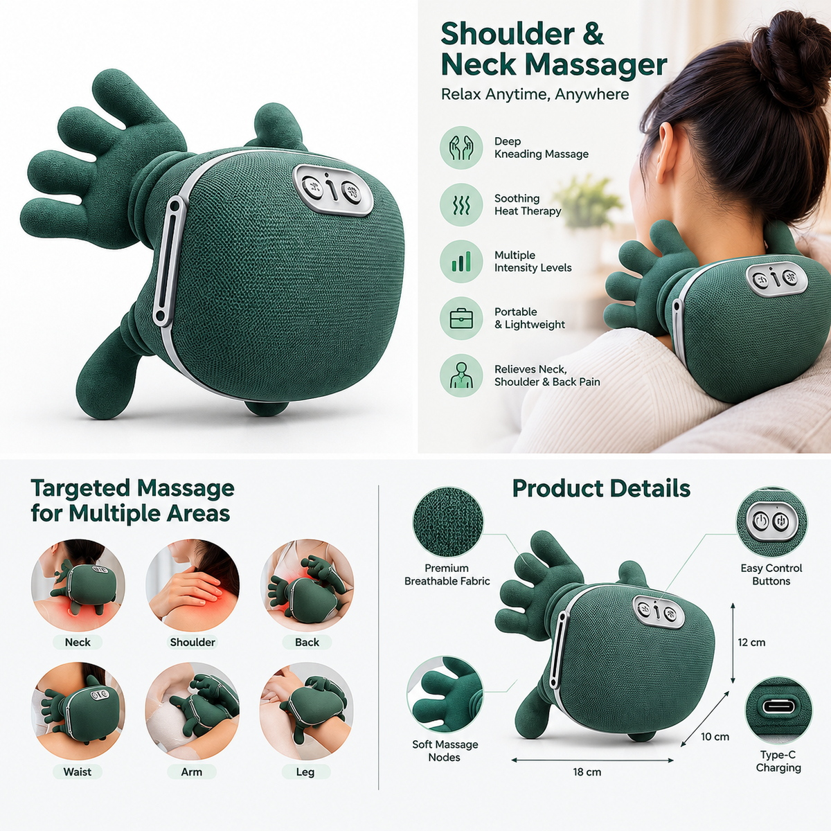 Electric Shoulder & Neck Massager with Deep Kneading Massage, Portable Relaxation Device β Green