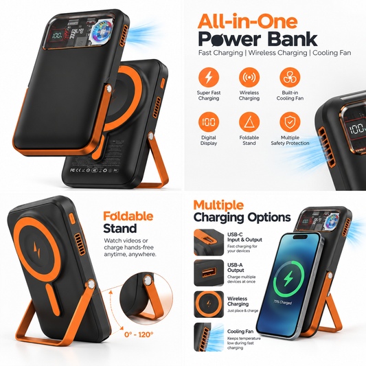 Magnetic Wireless Power Bank with Cooling Fan, Digital Display & Foldable Stand – Black & Orange