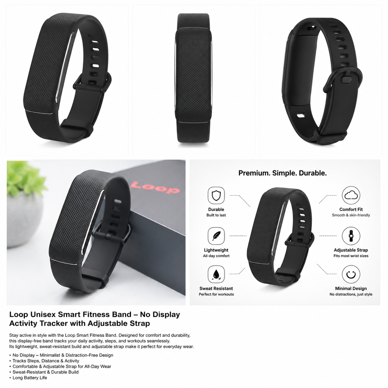 Loop display-free fitness band in black with adjustable strap